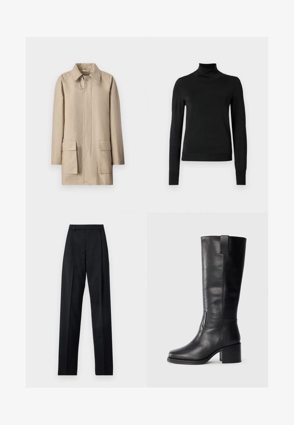 Filippa K PATCH POCKET JACKET - Krátký kabát - khaki beig; Černý dlouhý rukáv rolák se žebrovanými manžetami a lemem, vystavený na čistě bílém pozadí.; Černé kalhoty vyrobené z hladké tkaniny, vybavené vysokým pasem, širokými nohavicemi, předními záhyby a klasickými poutky na opasek. Nejsou viditelné boční kapsy.; Černé kožené kozačky až ke kolenům s hladkým povrchem, čtveratou špičkou, širokým podpatkem a bočním poutkem, se minimalizovanými švy.