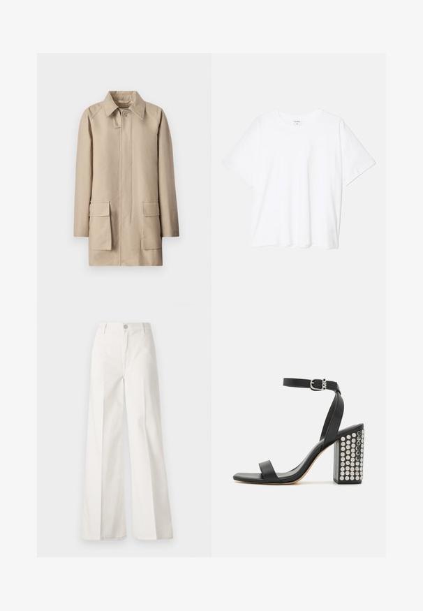 Filippa K PATCH POCKET JACKET - Lühike jakk - khaki beig; Valge puuvillane T-särk lühikeste varrukatega, ümmargune kaelus, mugav lõige ja õmmeldud serv. Silt nähtav kaela seest.; Valged laiade jalgadega püksid, mis on valmistatud siledast puuvillast. Omab esitallist ning lukuga sulgemist ja nelja tasku disaini.; Mustad nahast kõrged sandaalid pahkluu rihmaga. Omavad ruudukujulist varbaosa, siledat tekstuuri ja ruudukujulist plokknõela, mis on kaunistatud hõbedaste nööpidega.