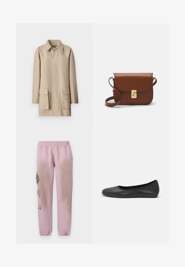 Filippa K PATCH POCKET JACKET - Īss mētelis - khaki beig; Balta īsām piedurknēm T-krekls, izgatavots no ribota auduma. Apaļš izgriezums, regulāra piegriezuma un diskrēti šuvumu detaļas. Bez printiem vai grafikām.; Rozā sporta bikses ar elastīgu jostu, kurām labajā pusē ir dekoratīvi uzliktni dimanta formā un elastīgas apkakles pie potītēm.; Melna ādas baleta kurpe ar noapaļotu purngalu, gludu tekstūru, minimālu šuvju detalizāciju un elastīgu zoles dizainu.; Bordo ādas rokas soma ar atloku, zeltītām detaļām, plecu siksnu un gludu virsmu. Kompakta, taisnstūrveida forma.