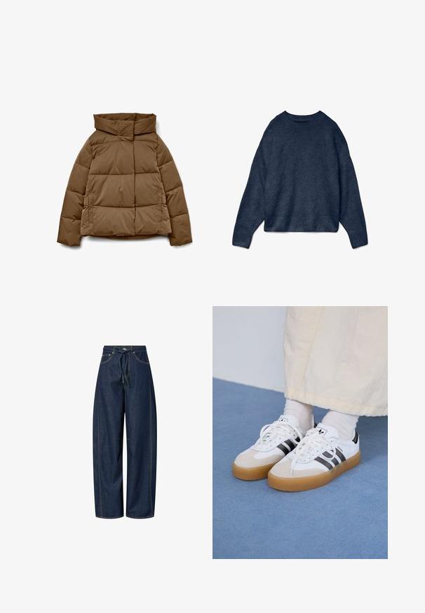 Brūna pūkaina jaka ar augstu apkakli, kastes siluetu, horizontālu šūšanas rakstu un sānu kabatām. Izgatavota no gluda, izturīga auduma.; Jūras zila apģērba kreklis ar garām piedurknēm un ribota apakšdaļa un kakls, izgatavots no mīkstas adītas auduma.; Plaši denimi bikses tumši zilā krāsā ar auklas jostu, kontrastējošām šuvēm un divām priekšējām kabatām. Gluda tekstūra, brīva pieguļošana.; Baltas sporta apavi ar melnām svītrām un beisīgo zamšādu akcentiem. Ievies struktūrētu gumijas zoli un izkārtotas baltas šnerves, valkāti ar gaišiem zeķēm.