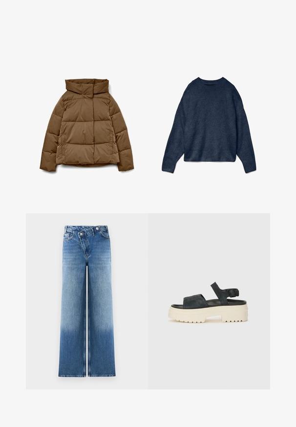 Giacca imbottita marrone con collo alto, forma squadrata, motivo trapuntato orizzontale e tasche laterali. Realizzata in tessuto liscio e resistente.; Maglione a girocollo blu navy con maniche lunghe e polsini e orlo a coste, realizzato in morbido tessuto lavorato a maglia.; Jeans azzurri a gamba larga con un lavaggio sbiadito, dotati di un classico design a cinque tasche e dettagli in metallo sui bottoni in vita.; Sandali platform in suede neri con una robusta suola bianca, ampia fascia frontale e fibbia regolabile alla caviglia. Suola testurizzata per una migliore aderenza.