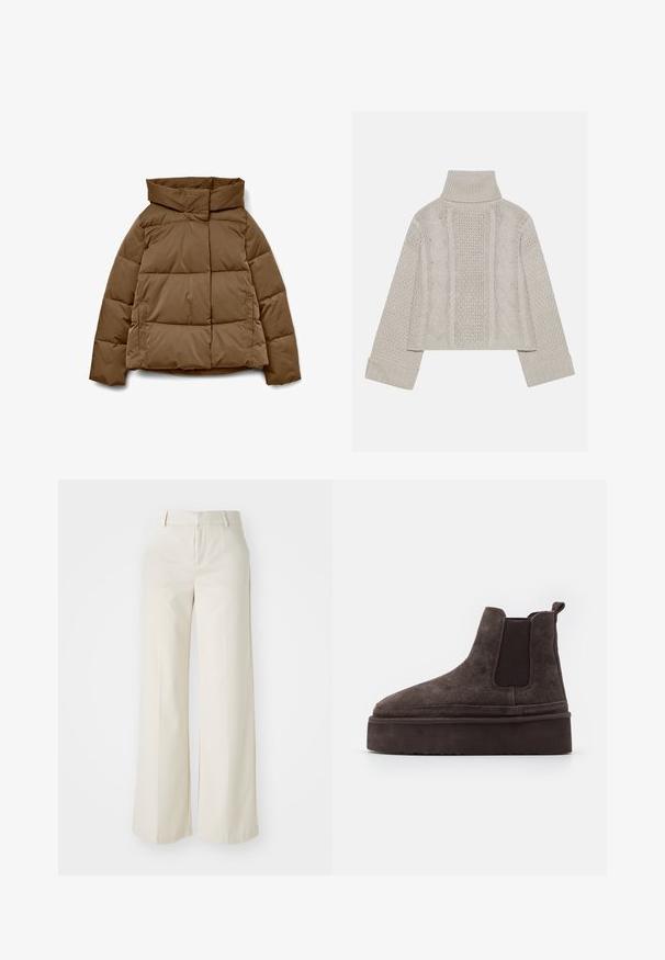 Brązowa pikowana kurtka puchowa z wysokim kołnierzem, o prostokątnym kształcie, z poziomym pikowaniem i bocznymi kieszeniami. Wykonana z gładkiej, trwałej tkaniny.; Skórzana szara sweter z wysokim kołnierzem i ściągaczami, z teksturowanymi wzorami w warkocze z tyłu i po bokach.; Spodnie o szerokich nogawkach w jasnobeżowym kolorze, wykonane z gładkiego materiału. Posiadają klasyczny pas i płaski przód z czystymi liniami.; Brązowe zamszowe botki typu Chelsea z elastycznymi bocznymi panelami i grubą, fakturowaną podeszwą platformową. Posiadają pętlę z tyłu dla łatwego zakładania.