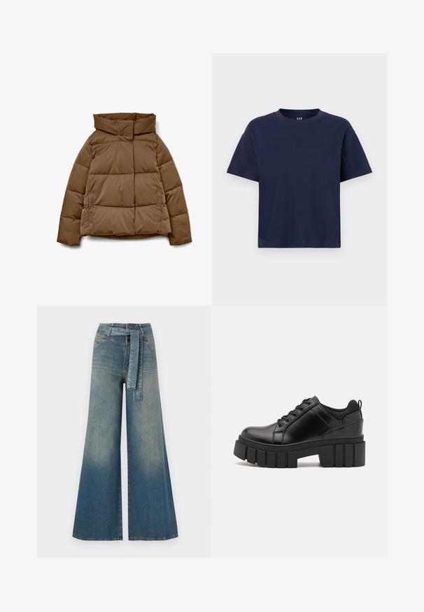Brun puffjakke med høy krage, firkantet form, horisontalt quiltet mønster og sidelommer. Laget av et glatt, slitesterkt stoff.; Marineblå bomull T-skjorte med rund hals og korte ermer, med en avslappet passform og minimalistisk design. Ingen mønstre eller detaljer.; Bredde ben jeans med en lyseblå til mørkeblå gradient, høyt liv, beltehemper og et matchende belte i samme stoff. Teksturert denimoverflate.; Svarte lærplattformsko med kraftig blokkhell, rund tå og tradisjonell snøring. Har en jevn tekstur og minimal detaljering.