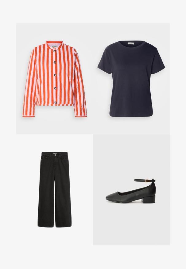 Paminkštinta striukė, dekoruota vertikaliomis raudonomis ir rožinėmis juostelėmis, su apvaliu apykakle, priekiniais sagčių užsegimais ir šoninėmis kišenėmis, suteikiančiomis papildomą funkcionalumą.; Jūrų mėlynos spalvos medvilnės T-marškiniai su apvalia iškirpte, trumpomis rankovėmis ir laisvu sijonu. Lygus paviršius ir minimalus dizainas, be matomų raštų.; Platus juodas džinsinis kelnes su aukštu juosmeniu. Yra penkios kišenės, metalinės detalės ir švarus apdaila. Paviršius yra lygus ir švelnus.; Juodas odinis aukštakulnis batelis su smailiu pirštu ir žemu bloku. Su kulkšnies dirželiu su auksinės spalvos sagtimi. Lygus paviršius.