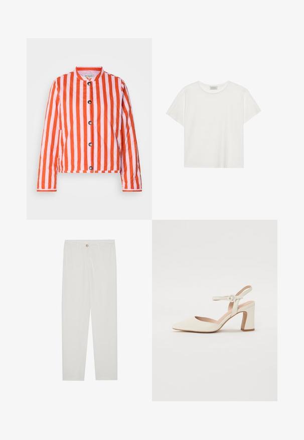Jakna s kvadratnim uzorkom koja sadrži vertikalne crvene i ružičaste pruge, okrugli ovratnik, zatvaranje s prednjim dugmima i bočne džepove za dodatnu funkcionalnost.; Bijela kratkodlaka majica od mekog pamuka. Ima okrugli izrez i opušteni kroj. Čist dizajn bez vidljivih uzoraka ili akcenata.; Bijele, krojene hlače ravnog kroja, s kopčanjem na dugme, petljama za remen i bočnim džepovima; glatka tekstura tkanine.; Cipele s uskim vrhom, u krem boji, s blok petom. Imaju tanke remenčiće oko gležnja s okruglom kopčom i glatku kožnu teksturu.