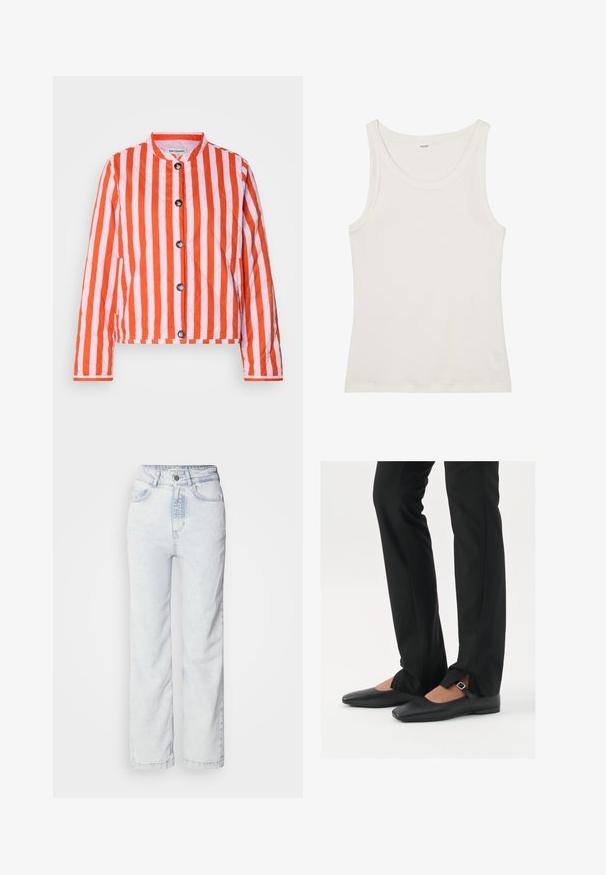 Pikowana kurtka z pionowymi czerwonymi i różowymi paskami, okrągłym kołnierzem, zapięciem na guziki z przodu oraz bocznymi kieszeniami dla dodatkowej funkcjonalności.; Biała bawełniana koszulka na ramiączkach z szerokim dekoltem i cienkimi ramiączkami. Gładka faktura bez widocznych wzorów czy zdobień.; Jasnoniebieskie jeansy z wysokim stanem o prostym kroju, wykonane z denimu. Posiadają zapięcie na guziki, pięć kieszeni oraz subtelnie wyblakłą strukturę.; Czarne skórzane baletki z ostro zakończonym noskiem, paskiem z srebrną klamrą, w połączeniu z czarnymi spodniami o dopasowanym kroju z rozcięciem u dołu.