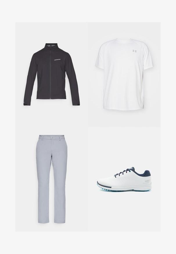 Čierna ľahká bunda s vysokým golierom, plným zipsom, bočnými vreckami na zips a logom na ľavej hrudi. Hladká textúra.; Biele atletické tričko s krátkym rukávom vyrobené z hladkej tkaniny. Má okrúhly výstrih a šedé logo na ľavej hrudi, so štrbinami po stranách na leme.; Svetlošedé nohavice s rovnými nohavicami, zapínaním na gombík, prednými vreckami a hladkým, štruktúrovaným materiálom. Minimalistický dizajn, bez vzorov.; Biele atletické topánky s hladkým syntetickým vrchom, modrými akcentmi, texturovaným námorníckym opätkom a ľahkou, hrotovanou podrážkou pre trakciu.