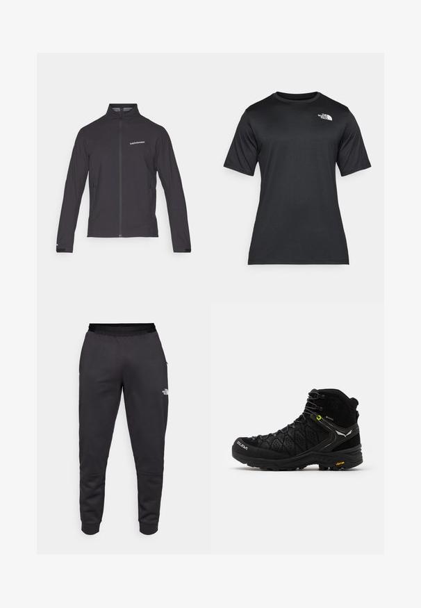Černá lehká bunda s vysokým límcem, zipem po celé délce, bočními kapsami na zip a logem na levé části hrudi. Hladká textura.; Černé tričko s krátkým rukávem vyrobené z lehkého, vlhkost-odvádějícího materiálu. Obsahuje bílé logo na levé hrudi a kulatý výstřih.; Černé tepláky vyrobené z hladké látky, s tapered střihem, elastickým pasem a logem na pravé noze.; Černá turistická bota s texturovaným svrškem, zesílenou špičkou a podrážkou Vibram. Systém šněrování obsahuje háčky pro bezpečné uchycení.