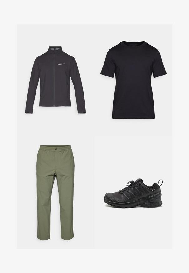Schwarze, leichte Jacke mit hohem Kragen, durchgehendem Reißverschluss, seitlichen Reißverschlusstaschen und einem Logo auf der linken Brust. Glatte Textur.; Schwarzes T-Shirt aus glattem Stoff mit Rundhalsausschnitt und kurzen Ärmeln. Dezente Markenlogo-Druck in Schwarz auf der Brust.; Olivgrüne Hose aus leichtem Material, mit elastischem Bund, Knopfverschluss und geradem Bein ohne sichtbare Muster.; Schwarzer Sportschuh mit einer strukturierten, synthetischen Oberseite, gepolsterten Sohle und einem schnellen Schnürsystem. Verfügt über eine verstärkte Zehen- und Fersenkappe.