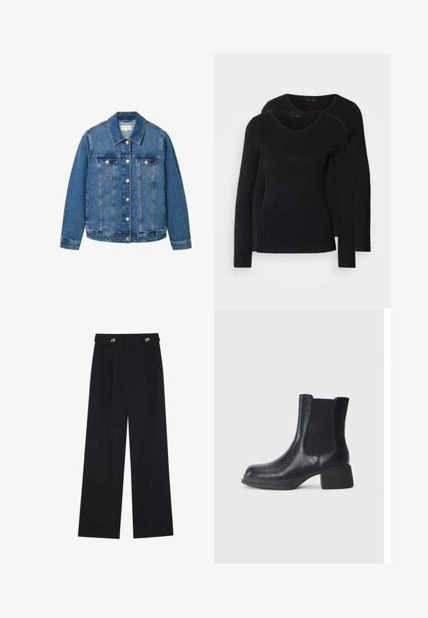 Ljusblå denimjacka med klassisk krage, framfickor och silverknappar. Har en lätt sliten textur.; Två svarta långärmade tröjor med V-ringning, tillverkade av mjukt, stretchy tyg, som visar en slät textur och en figursydd form.; Svarta vida byxor med hög midja, knäppdetaljer i midjan och framfickor.; Svart läderankelboots med elastiska sidopaneler, rund tå och låg blockklack. Ytan har en slät textur och minimal detaljer.