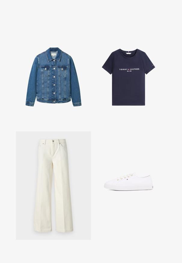 Denim jakna u svijetloplavoj boji s klasičnom kragnom, prednjim džepovima i srebrnim kopčama. Ima blago iznošen izgled.; Mornarsko plava majica kratkih rukava s okruglim izrezom i bijelim tekstom "Tommy Hilfiger EST. 1985" te logotipom sprijeda.; Široke bijele traperice izrađene od mješavine pamuka. Imaju zatvarač, dizajn s pet džepova i šavove uz rubove.; Bijela platnena tenisica s zlatnim očicama, ravnim vezicama, teksturiranom gumenom potplatom i minimalnim brandom sa strane. Nizak profil dizajna.