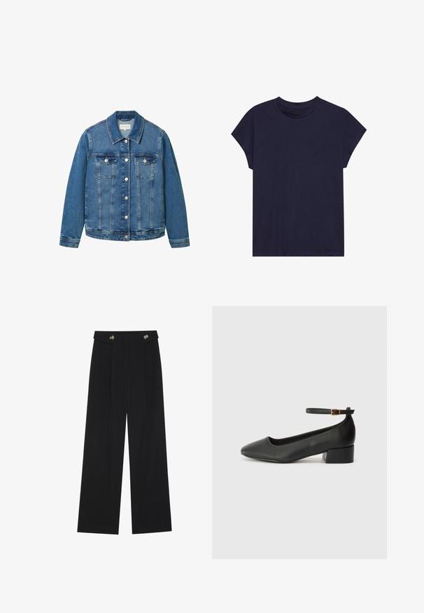 Világoskék farmerdzseki klasszikus gallérral, elülső zsebekkel és ezüst gombos záródással. Enyhén megkopott textúrával rendelkezik.; Sötétkék pamut póló kerek nyakkal és rövid ujjakkal, laza szabású és sima tapintású. Nincsenek minták vagy díszítések.; Fekete, bő szárú nadrág magas derékkal, gombos részletekkel a derékrészen és elülső pliszékkal.; Fekete bőr magassarkú cipő hegyes orral és alacsony tömb sarkal. Bokapánttal rendelkezik, aranyszínű csattal. Simább textúra.