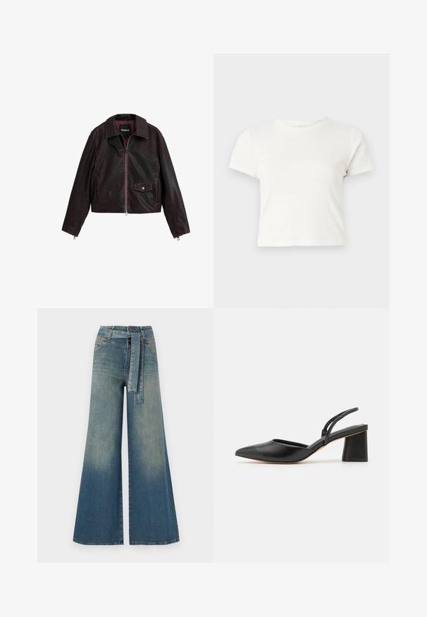 Jachetă din piele neagră și burgundy, scurtă, cu guler, fermoar frontal și un buzunar pe piept cu detaliu de nasture cu prindere.; Tricou scurt, alb, din bumbac, cu mâneci scurte, decolteu rotund și margine dreaptă, având o textură netedă și un design minim.; Pantaloni din denim largi, cu un gradient de la albastru deschis la albastru închis, talie înaltă, bucle pentru curea și o curea din același material. Finisaj texturat din denim.; Pantof cu vârful ascuțit și deschis la spate, de culoare neagră, fabricat din piele netedă, având un toc mic și curele subțiri în partea din spate pentru o fixare sigură.