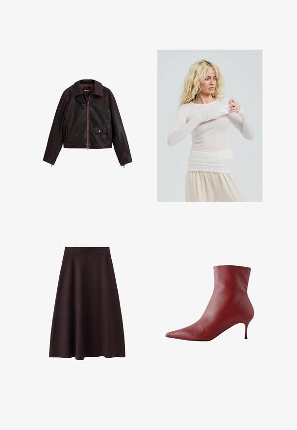 Čierna a bordová skrátená kožená bunda s golierom, predným zipsom a náprsné vrecko s detailom na cvok.; Dlhý rukáv, priehľadný biely top s priliehavým strihom. Ľahký materiál s hladkou textúrou. Model si upravuje rukáv, má na sebe krémové nohavice.; Hnedá, po kolená s á-článkovým strihom, sukňa s hladkým povrchom a priliehavým pásom. Žiadne viditeľné vzory ani akcenty. Jednoduchý dizajn.; Červená kožená členková čižma s špicatou špičkou, prispôsobeným vrchom a úzkym podpätkom. Hladký povrch, elegantný dizajn a vysokokontrastná čierna podrážka.