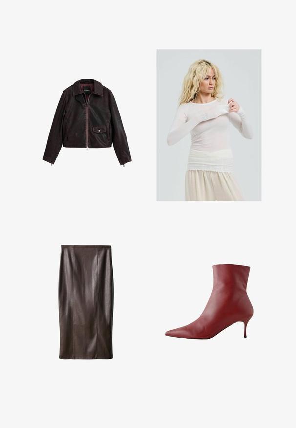 Czarna i bordowa skórzana kurtka typu cropped z kołnierzem, przednim zamkiem błyskawicznym oraz kieszenią na piersi z zapięciem na zatrzask.; Długi rękaw, przezroczysta biała bluzka o dopasowanym kroju. Lekka tkanina o gładkiej fakturze. Modelka poprawia rękaw, nosząc kremowe spodnie.; Brąskowy skórzany ołówkowy spódniczka o gładkiej fakturze, sięgająca do kolan, z pionowymi szwami w celu podkreślenia designu. Brak dodatkowych elementów lub akcentów.; Czerwony skórzany botek za kostkę z ostrym noskiem, dopasowaną cholewką i smukłym obcasem. Gładka faktura, elegancki design i mocno kontrastowa czarna podeszwa.