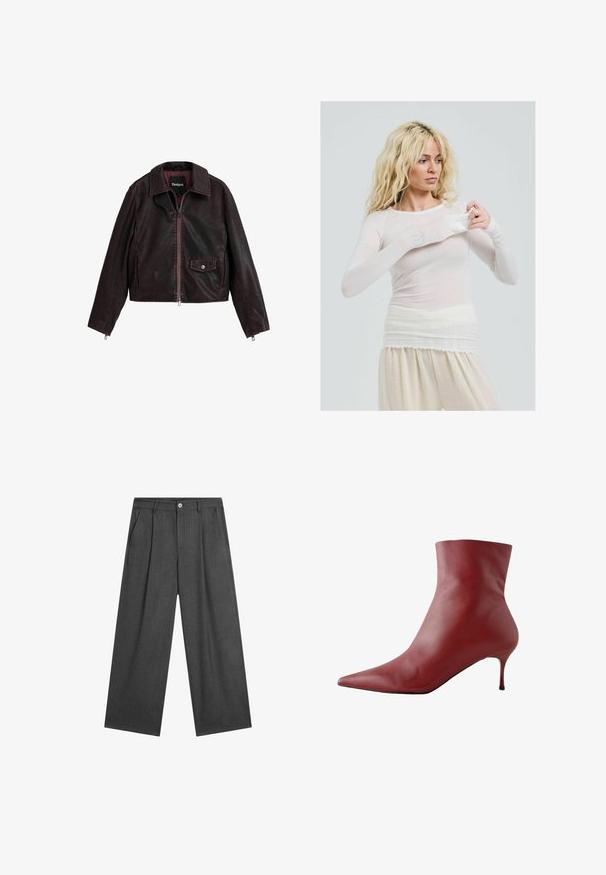 Giacca di pelle nera e bordeaux cropped con colletto, zip anteriore e tasca sul petto con dettaglio a bottone automatico.; Top bianco lungo e trasparente con uno stile aderente. Tessuto leggero con una trama liscia. La modella aggiusta la manica, indossando pantaloni crema.; Pantaloni larghi grigio scuro con sottili righe verticali, pieghe frontali e chiusura con un unico bottone in vita.; Stivaletto in pelle rossa con punta affusolata, parte superiore attillata e tacco sottile. Tessuto liscio, design elegante e suola nera ad alto contrasto.