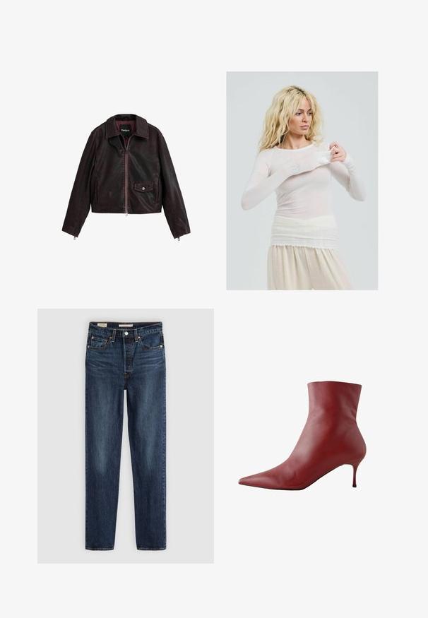 Černá a burgundská zkrácená kožená bunda s límcem, předním zipem a náprsní kapsou se zapínáním na patentku.; Dlouhý rukáv, průhledný bílý top s přiléhavým střihem. Lehká látka s hladkým povrchem. Modelka si upravuje rukáv a má na sobě krémové kalhoty.; Tmavě modré rovné džíny se pěti kapsami, zapínáním na knoflík a zip, a kontrastním šitím.; Červená kožená kotníková bota s špičatou špičkou, přiléhavým svrškem a štíhlým podpatkem. Hladká textura, elegantní design a vysoce kontrastní černá podrážka.