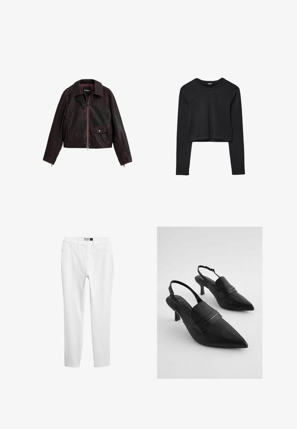 Veste en cuir noire et bordeaux, cropped, avec un col, une fermeture éclair à l'avant et une poche poitrine avec un détail de bouton-pression.; Haut court à manches longues noir avec encolure ronde, design uni et ourlet légèrement arrondi.; Leggings blancs en jersey avec une texture lisse, coupe slim et design traditionnel à cinq poches, fabriqués dans un tissu léger avec des détails de couture subtils.; Escarpins slingback en cuir noir avec bouts pointus, présentant une large sangle avant et un accent en métal argenté. Fini texturé, talon moyen.
