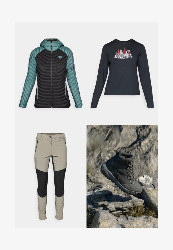Dynafit RADICAL HOOD - Down jacket - atlantic; Long-sleeve dark gray shirt with a graphic of red trees and mountains; "COLUMBIA" logo in bold white text. Soft fabric, standard crew neck.; Lightweight, breathable pants in beige and black with a fitted design, side zippers, and contrasting panel accents on the knees.; Dark gray hiking boot made of synthetic material, featuring a padded collar, metal eyelets, and textured rubber sole for traction.