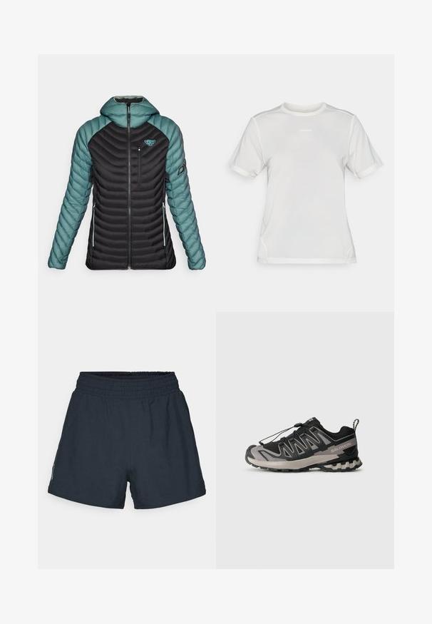 Dynafit RADICAL HOOD - Daunenjacke - atlantic; Weißes kurzärmliges Sport-Mesh-Shirt mit Rundhalsausschnitt und kleinem "Salomon"-Logo auf der Brust.; Dunkelblaue Athletik-Shorts aus leichtem Material. Elastischer Bund, lockere Passform und keine sichtbaren Taschen oder Muster.; Schwarzer und grauer Sportschuh mit einem Obermaterial aus Mesh, Gummisohle und elastischem Schnürsystem. Verfügt über eine verstärkte Zehenkappe und strukturierte Akzente.