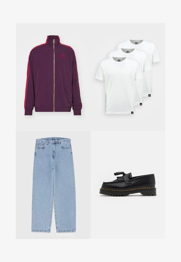 Puma T7 PLAY.LOUD. TRACK - Tréning dzseki - midnight plum; Három sima fehér pamut póló rövid ujjakkal. Mindegyik pólón kerek nyakkivágás található, és a bal oldalon egy kis fekete logó címke van.; Világoskék farmernadrág egyenes szárú kivitelben, közepes derékkal, öt zsebbel, gombos és cipzáros záródással.; Fekete bőr mokaszin, rojtos díszítéssel, masszív fekete talppal és sárga varrással az élén. Texturált felület.