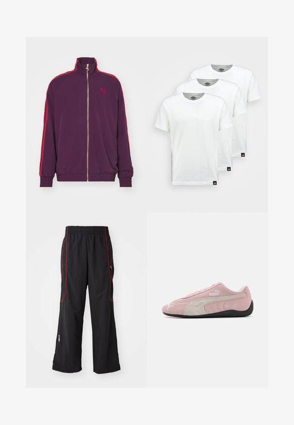 Puma T7 PLAY.LOUD. TRACK - Treniņjaka - midnight plum; Trīs vienkārši balti kokvilnas T-krekli ar īsām piedurknēm. Katram kreklam ir apaļa apkakle un mazs melns logo uzlīme kreisajā pusē.; Melnas sporta bikses ar elastīgu jostu, sarkaniem sānu jostasvadiem, ar rāvējslēdzēja kabatām un brīvu griezumu. Izgatavotas no viegla, teksturēta materiāla.; Rozā zamšādas sporta apavi ar pelēkiem akcentiem, plūstošs dizains, teksturēta virsma un melna gumijas zole. Sānos redzama Puma emblēma.