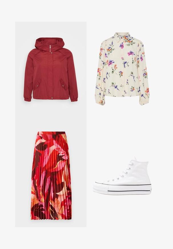 Punane tuulejope kapuutsiga, tõmblukuga, kahe nurksuunaga taskuga, elastsete mansettidega ja sileda tekstuuriga.; Lille kreemipehme lilleline pluus, millel on pikad puhvli varrukad, millel on lillad, oranžid ja rohelised lillemustrid ning klassikaline kaelus.; Plisseeritud maksiseelik erksates punastes, roosades ja pruunides lillemustriga. Elastne vöökoht ja sile tekstuur toovad lisamugavust ja stiili.; Valge kõrgem kangast tenniseking, millel on must kummist tald, ees kummist varvasetugi ja kuus aukku paelte jaoks, pakkudes puhta ja minimalistliku disaini.