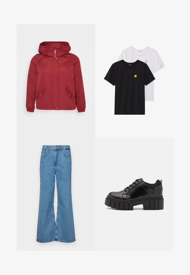 Κόκκινο αδιάβροχο μπουφάν με κουκούλα, κλείσιμο με φερμουάρ, δύο γωνιακές τσέπες, ελαστικούς καρπούς και λεία υφή.; Μαύρα και άσπρα μπλουζάκια, με στρογγυλή λαιμόκοψη και κοντά μανίκια. Το μαύρο μπλουζάκι διαθέτει κίτρινη κεντημένη ήλιο, ενώ το άσπρο έχει μωβ εξόγκωμα σε σχήμα μισοφέγγαρου.; Ανοιχτό γαλάζιο τζιν παντελόνι σε καμπάνα, κατασκευασμένο από τζιν ύφασμα, με ψηλή μέση, πέντε τσέπες και κλείσιμο με έναν μόνο κουμπί. Μαλακή υφή με ξεθωριασμένο φινίρισμα.; Μαύρα δερμάτινα παπούτσια πλατφόρμας με παχύ μπλοκ τακούνι, στρογγυλή μύτη και παραδοσιακό σχέδιο δέσιμο. Διαθέτουν λεία υφή και ελάχιστες λεπτομέρειες.