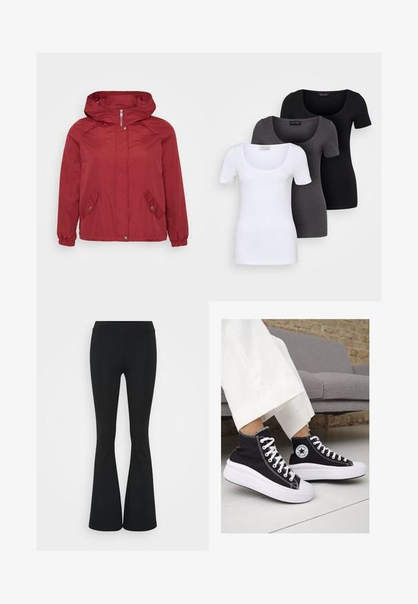 Punane tuulejope kapuutsiga, tõmblukuga, kahe nurksuunaga taskuga, elastsete mansettidega ja sileda tekstuuriga.; Kolm mugavat T-särki valges, hallis ja mustas värvitoonis. Igal särgil on lai madal kaelus ja lühikesed varrukad. Valmistatud siledast, venivast kangast.; Mustad flared püksid venivast kangast, kõrge vöökoht ja sile tekstuur. Püksid laienevad põlve kohalt.; Mustad musträgiga kõrge vars sneakerid valgete kummist tallade ja paeltega. Küljel on ringikujuline logo ja kontrastne valge õmblus.