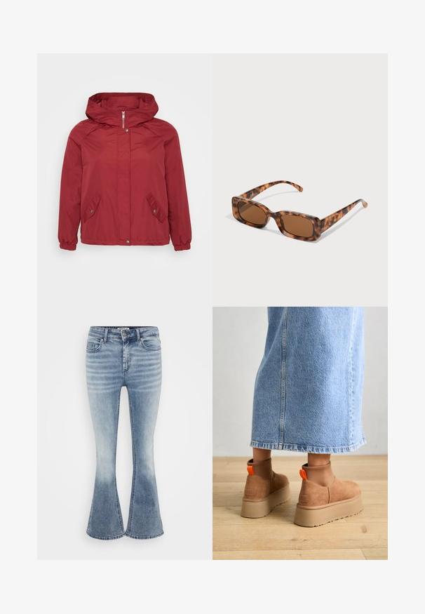 Röd vindjacka med huva, dragkedja, två snedställda fickor, elastiska ärmslut och en mjuk yta.; Even&Odd Petite 3 PACK - Långärmad tröja - black/white/light green; Ljusblå utsvängda jeans gjorda av denim, med en klassisk femficksdesign, frontdragkedjestängning och subtil blekningen längs låren.; Bruna mockakängor med plattform och elastiska sidopaneler samt orange dragflikar, till kombinerade med en knälång ljus denimkjol på ett trägolv.; Sköldpaddsmönstrade solglasögon med rektangulära bruna linser, en tjock ram och smala bågar som har ett mönster av varierande nyanser av brunt.