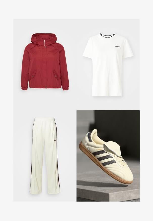 Red windbreaker jacket with a hood, zip closure, two angled pockets, elastic cuffs, and a smooth texture.; White cotton t-shirt with short sleeves and a round neckline. Features a black Adidas logo on the chest and a contrasting black inner collar.; Cream-colored sweatpants with a relaxed fit, featuring dark brown side stripes and an embroidered logo on the left thigh.; Cream leather sneaker with three dark stripes, a brown gum outsole, and a rounded toe. Features a foldable tongue labeled "SAMBA."