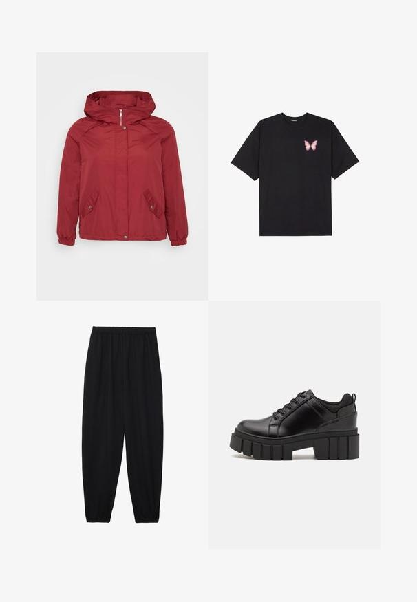 Giacca a vento rossa con cappuccio, chiusura a zip, due tasche angolate, polsini elasticizzati e una texture liscia.; T-shirt nera in cotone con maniche corte, caratterizzata da una piccola grafica di una farfalla rosa sul lato sinistro del petto. Design a girocollo con una vestibilità rilassata.; Pantaloni neri leggeri con vita elastica e caviglie arricciate. Il tessuto è liscio e presenta un design rilassato e affusolato.; Scarpe platform in pelle nera con tacco a blocco robusto, punta rotonda e design tradizionale con lacci. Presentano una superficie liscia e dettagli minimi.