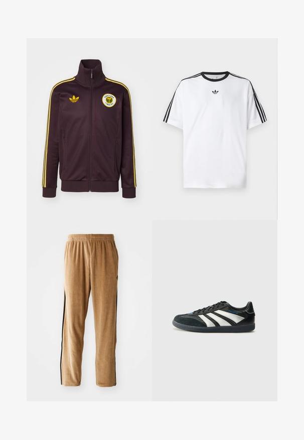 adidas Originals PORTLAND TIMBERS OG BB TRACK TOP - Klubu apģērbs - bordeaux; Baltā T-krekla izgatavots no kokvilnas, ar melnu apaļu kakla izgriezumu un trim melnām svītrām uz katra pleca. Mazs melns logo uz krūtīm.; Smilšu krāsas velūra sporta bikses ar elastīgu jostu un melnām sānu svītrām, piedāvā relaksētu piegriezumu un mīkstu tekstūru.; adidas Performance PREDATOR FREESTYLE JUDE INDOOR FOOTBALL SHOES - Futbola apavi iekštelpām - core black/silver-coloured/glory blue