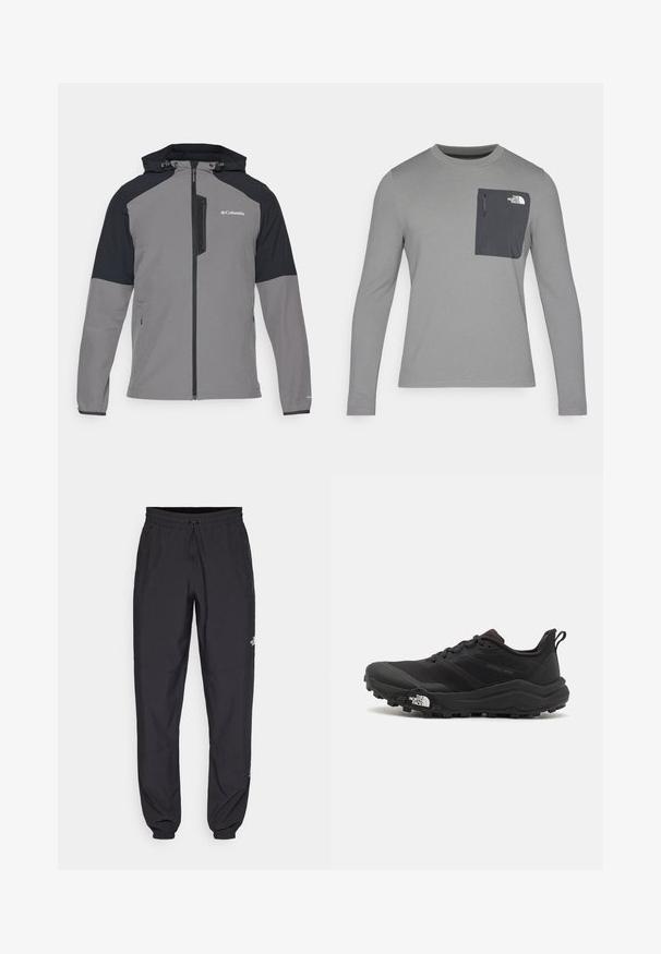 Columbia COLUMBIA TECH™ SOFTSHELL HOODIE - Veste softshell - city grey/black; Chemise à manches longues grise en tissu texturé, dotée d'une poche poitrine gris foncé et d'une fermeture éclair. Logo blanc sur la poche.; Pantalon de sport noir en tissu léger, avec une taille à cordon, des poches latérales et des chevilles resserrées.; Chaussure de trail running noire avec une tige texturée, semelle en caoutchouc et bout renforcé. Présente un col rembourré et une tirette pour un enfilage facile.