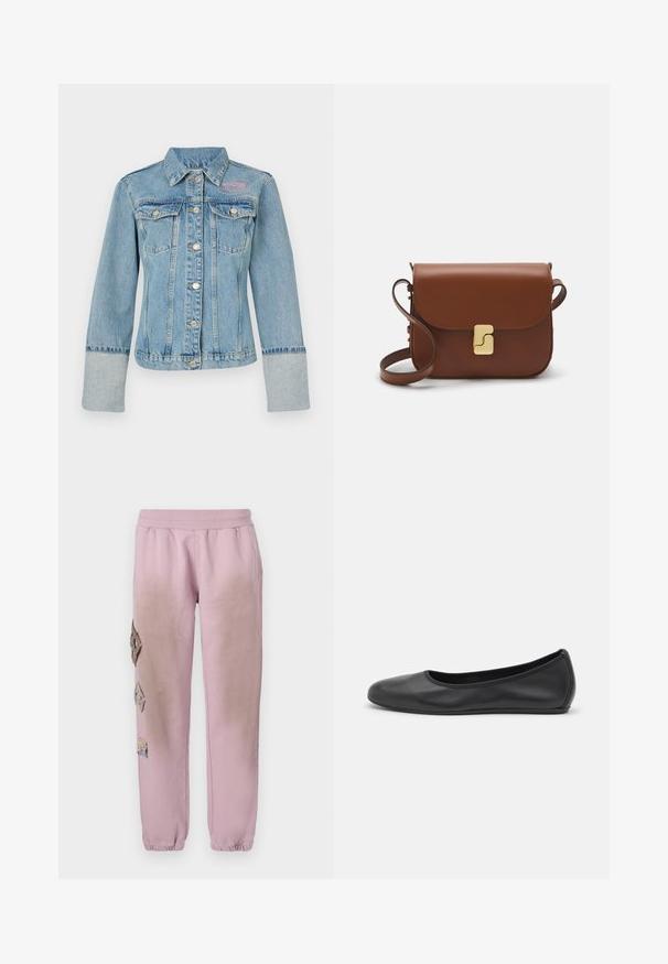 Heledasinine teksajakk pikka varrukatega, klassikalise kraega, nööpidega esiosal, kahe rinnataskuga ja roosa logoga vasakul küljel.; Valge lühikeste varrukatega T-särk ribatud kangast. Ümara kaelusega, tavalisest sobivusest ja peente õmbluse detailidega. Ilma mustrite või graafikateta.; Roosa spordipüksid elastse paelaga vööl, millel on vasakul küljel dekoratiivsed rombikujulised plaastrid ja elastsed mansetid pahkluude juures.; Musthave mustika tantsutossud mustast nahast, ümmarguse varbaga, siledast tekstuurist, minimaalse õmblusdetailiga ja paindliku tallakujundusega.; Pruunist nahast käekott, millel on klapiga sulgur, kuldne riistvara, õlarihm ja sile tekstuur. Kompaktne ristkülikukujuline vorm.