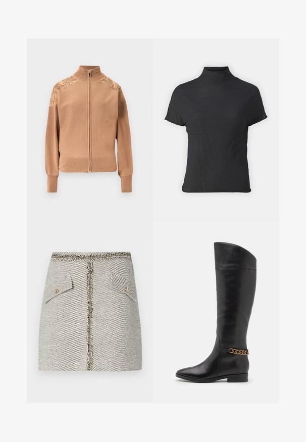 Suéter beige con cremallera, hecho de tela suave, con puños y dobladillo acanalados, y detalles bordados de flores en los hombros.; Top negro de manga corta y cuello alto, hecho de una tela ligera con una textura suave y una forma ajustada, que presenta un escote alto.; Falda de tweed tejido en un patrón de espiga blanco y negro, presenta dos bolsillos frontales y una cremallera en tono dorado en la parte trasera con bordes deshilachados.; Botas altas de cuero negro con un diseño elegante, punta afilada y un acento de cadena dorada en el tobillo. Tacón bajo tipo bloque. Textura suave.
