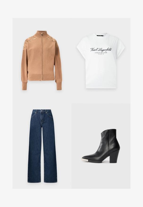 Bēša rāvējslēdzēja džemperis no mīksta auduma, ar ribotiem aproču un apakšmalas galiem, kā arī izšūtām ziedu detaļām uz pleciem.; Balta īsroku T-krekls ar melnu uzrakstu "Karl Lagerfeld 21 Rue St-Guillaume Paris" priekšpusē, ar apaļu kakla izgriezumu.; Plaša silueta džinsi tumši dzeltenā audumā. Ietver klasisku piecu kabatu dizainu, pogas aizdari un smalku izbalēšanu ceļgalos.; Melnas ādas potītes zābaki ar norādītu purngalu, augstu kvadrātveida papēdi un sudraba purngalu apdari. Gluda tekstūra un vienkāršs dizains.