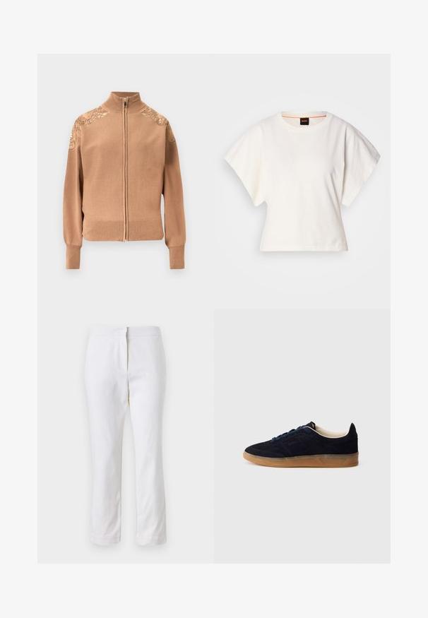 Maglione beige con zip realizzato in tessuto morbido, caratterizzato da polsini e orlo a coste e dettagli floreali ricamati sulle spalle.; T-shirt bianca cropped, maniche corte e larghe, tessuto di cotone morbido, scollatura rotonda con bordino arancione sottile, design minimale, senza motivi o grafiche.; Pantaloni bianchi in cotone con design a gamba dritta, caratterizzati da una vita a media altezza e senza hardware o motivi visibili. Tessuto liscio su tutta la superficie.; Sneaker in camoscio blu navy con suola in gomma color gomma, lacci blu e design minimalista. Presenta logo in rilievo sul lato e fodera interna liscia.