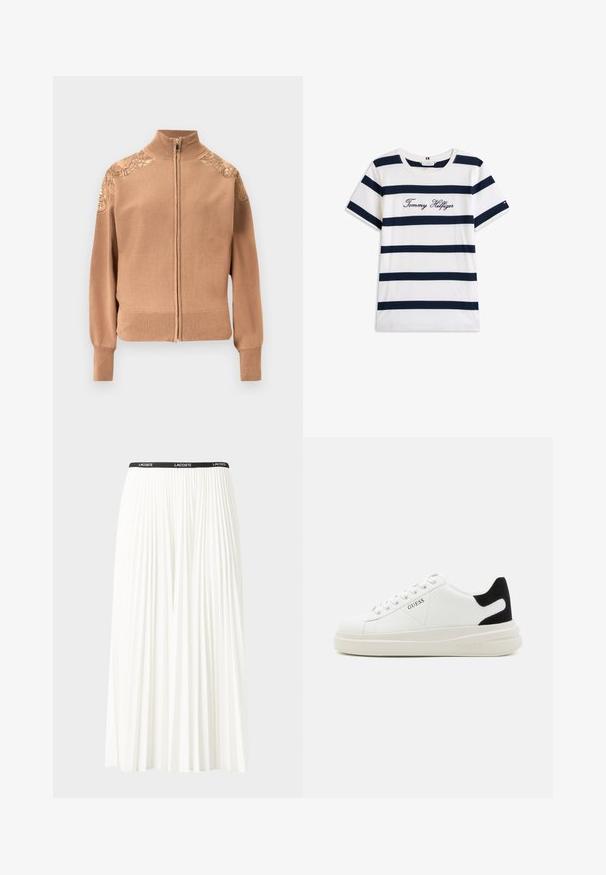 Beige sweater met ritssluiting gemaakt van zachte stof, met geribbelde manchetten en zoom, en geborduurde bloemenaccenten op de schouders.; Katoenen T-shirt met horizontale marineblauwe strepen op een witte achtergrond. "Tommy Hilfiger" geborduurd in cursieve letters op de borst. Ronde hals.; Plisséminirok in het wit met een zwarte elastische tailleband met het "LACOSTE"-logo. Middellange ontwerp met een zachte textuur.; Witte leren sneakers met een dikke witte zool, zwarte suède hielaccent en een geperst logo op de zijkant. Vetersluiting met zes oogjes.