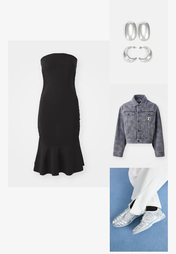 Rövidített szürke farmerdzseki, finom mintázattal, gombos elülső résszel, hegyes gallérral és két mellzsebbel, amelyeken logós címke található.; Fekete, pánt nélküli ruha rugalmas anyagból, oldalt ráncolással és bővült szegéllyel. Sima textúra, testhez simuló fazon.; Ezüst sportcipők sima, fényes felülettel, varrott mintázattal és a 90-es számmal az oldalán, fehér nadrággal párosítva.; Ezüst színű fülbevaló szett: két ovális stud és két félhold alakú karika, fényes, sima felülettel és kerekdeden formával.