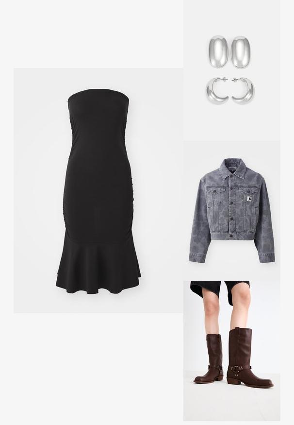 Kratka siva kavbojka jakna z diskretnim vzorcem, z gumbnim zapenjanjem spredaj, s koničastim ovratnikom in dvema prsnih žepoma z logotipom.; Črna oversized kapuca iz mehkega blaga, ki ima velik sprednji žep, dolge balonske rokave in kapuco s vrvico.; Črna brezramna obleka iz elastične tkanine, s smučanjem ob straneh in razširjenim robom. Gladka tekstura z oprijetim silhuetom.; Rjave usnjene čizme do kolen s zaobljenim nosom, teksturirano površino, trakovi okoli gležnja in srebrni detajli; zasnovane s steknjenim peto.; Set srebrnih uhani: dva ovalna ušesa in dve obročni obliki, z visokim sijajem, gladko površino in okroglo obliko.