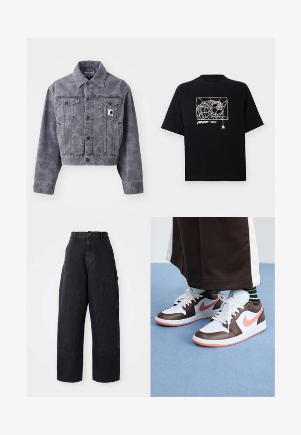 Cropped gray denim jacket featuring a subtle pattern, buttoned front, pointed collar, and two chest pockets with a logo patch.; Black T-shirt made of cotton with short sleeves. Features a white spider web graphic and logo on the front. Simple rounded neckline.; Black denim wide-leg cargo pants with a high waist, two large front pockets, and a button closure at the waist. Smooth texture, casual design.; White and brown Nike Air Jordan sneakers with pink accents, featuring a low-top design, white laces, and a textured rubber sole.