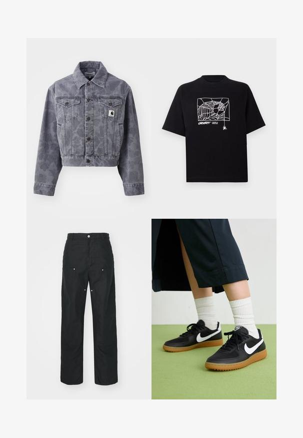 Skrócona szara kurtka dżinsowa z delikatnym wzorem, z zapinanym przodem, wywiniętym kołnierzem i dwoma kieszeniami na piersi z naszywką z logo.; Czarna koszulka z krótkim rękawem wykonana z bawełny. Na przodzie znajduje się biały nadruk w kształcie pajęczyny oraz logo. Prosty, zaokrąglony dekolt.; Czarne spodnie o prostym kroju, wykonane z fakturowanej tkaniny. Zawierają dekoracyjne srebrne akcenty oraz unikalne detale szwów.; Czarne skórzane i syntetyczne sneakersy z białym logo Nike, gumową podeszwą, okrągłym noskiem i czarnymi sznurowadłami. Widziane są ribbowane białe skarpetki.