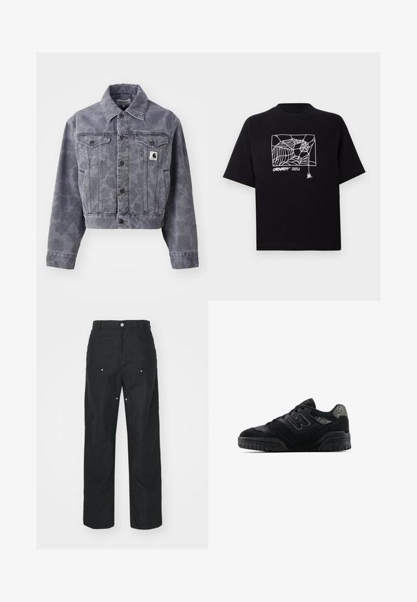 Cropped gray denim jacket featuring a subtle pattern, buttoned front, pointed collar, and two chest pockets with a logo patch.; Black T-shirt made of cotton with short sleeves. Features a white spider web graphic and logo on the front. Simple rounded neckline.; Black trousers with a straight-leg design, made of a textured fabric. Features decorative silver hardware and unique seam detailing.; Black low-top sneaker with textured sole, lace-up design, suede panels, and patterned accents on heel and side logo.