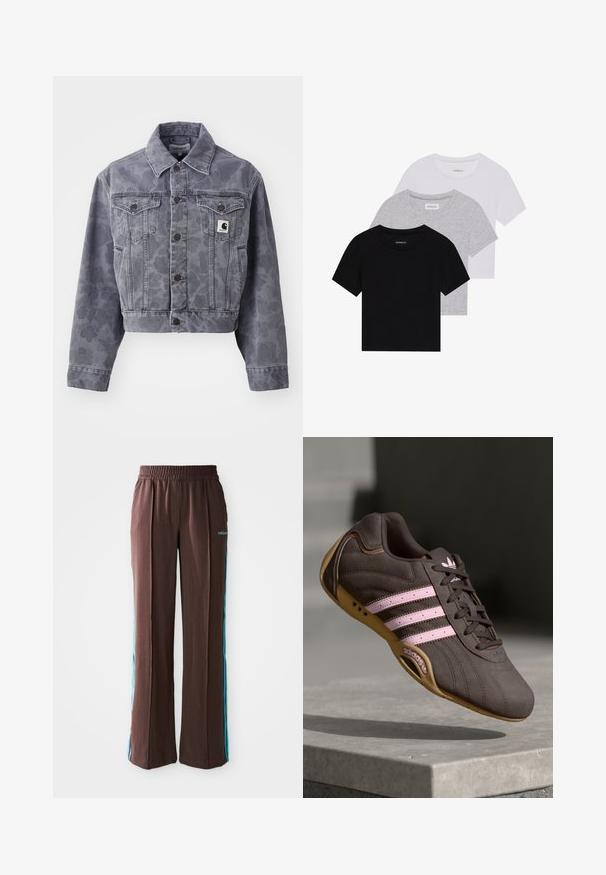 Kuttet grå denimjakke med et subtilt mønster, knappet foran, spiss krage og to brystlommer med et logo-patch.; Sett med tre kortermede t-skjorter i svart, grått og hvitt. Laget av bomull, med rund hals og en enkel, ensfarget design.; Brune sporty bukser med ribbet tekstur, elastisk talje og turkise side striber. Har adidas-logoet på forsiden.; Brune suede atletik sko med rosa striper og logo, med en teksturert overdel, snøring og såle i gummigummi.