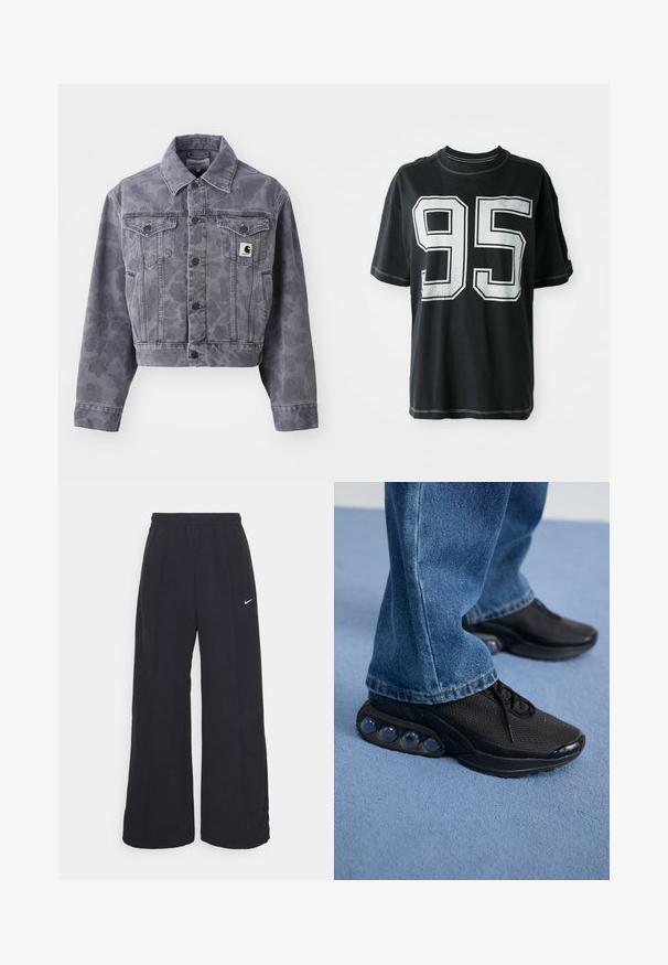 Apgriezta pelēka džinsu jaka ar smalku rakstu, pogājamā priekšpuse, punktēta apkakle un divi krūšu kabatas ar logo plāksteri.; Melnas kokvilnas t-krekls ar īsām piedurknēm, kuram priekšā ir balts drukāts skaitlis "95" un kontrastējoša šuvuma apdare gar malām.; Melnas platās bikses ar elastīgu jostu un mazu baltu Nike logo. Audumam ir gluda tekstūra, kas paredzēta ērtībai un ikdienas valkāšanai.; Melnas sporta kedas ar sietu augšdaļu, teksturētām akcentiem un redzamajām gaisa amortizācijas podiem zolei. Valkātas ar zilu džinsu biksēm.