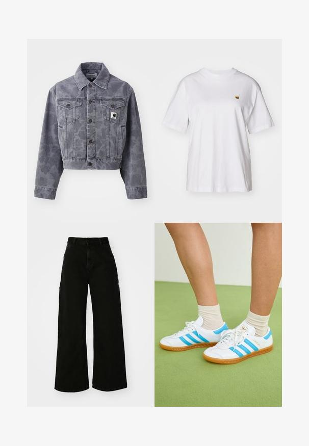 Korte grijze denimjack met een subtiel patroon, gedeeltelijk knopen aan de voorkant, puntige kraag en twee borstzakken met een logo patch.; Witte katoenen t-shirt met een relaxte pasvorm, korte mouwen en een klein geborduurd logo op de linkerborst.; Zwarte wijde cargobroek van denim, met een hoge taille, sluiting met een knop aan de voorkant en zijzakken. Gladde textuur met minimale stiksels.; Witte sneakers met lichtblauwe strepen, rubberen zool en vetersluiting. Voorzien van gouden branding en een gladde leerachtige textuur.