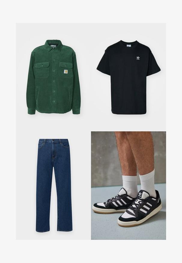 Carhartt WIP WHITSOME - Lett jakke - sycamore tree; Svart bomull T-skjorte med rund hals og korte ermer, med en liten hvit Adidas-logo på venstre brystområde.; Mørkeblå rette jeans i denim med frontlommer og knappelukking, vist på en enkel hvit bakgrunn.; Sorte og hvite sneakers med overdel i semsket skinn og lær, med tre hvite striper, perforert tå og en såle av gummi.