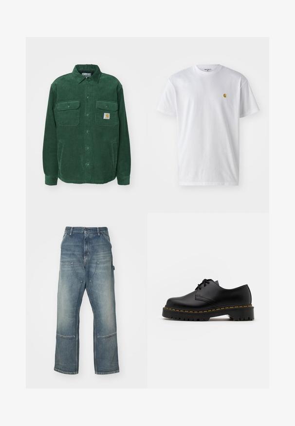 Carhartt WIP WHITSOME - Lagana jakna - sycamore tree; Bijela pamučna majica kratkih rukava s okruglim izrezom, sa malim zlatnim logotipom na lijevoj strani prsnog koša. Mekana tekstura i standardni kroj.; Svijetloplave traperice s opuštenim fitom, izrađene od denima. Imaju široke nogavice, velike prednje džepove i detalje s kontrastnim šavovima.; Crne kožne cipele sa vezanjem, okruglog vrha, sa teksturiranom gumom potplatom i žutim šavom oko baze. Ravni dizajn i glatka završna obrada.