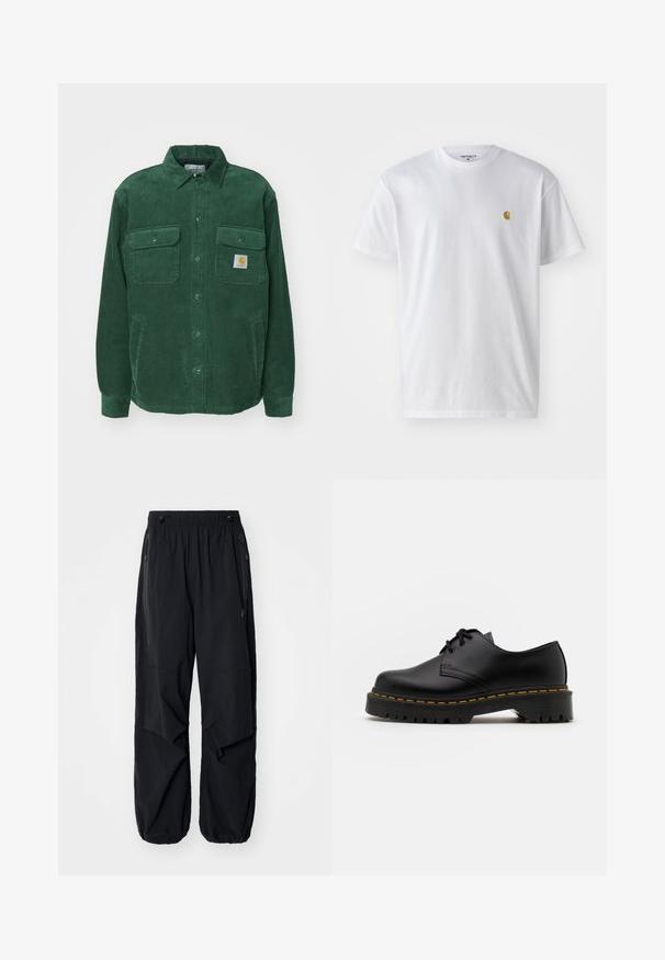 Carhartt WIP WHITSOME - Veste mi-saison - sycamore tree; T-shirt en coton blanc à manches courtes, col rond, avec un petit logo doré sur la poitrine gauche. Texture douce et coupe régulière.; Pantalons cargo légers noirs avec une taille élastique, des zips latéraux et des poches spacieux. Présentent une coupe ample et des poignets fuselés.; Chaussure en cuir noir à lacets avec un bout arrondi, semelle en caoutchouc texturée et surpiqûre jaune autour de la base. Design plat et finition lisse.